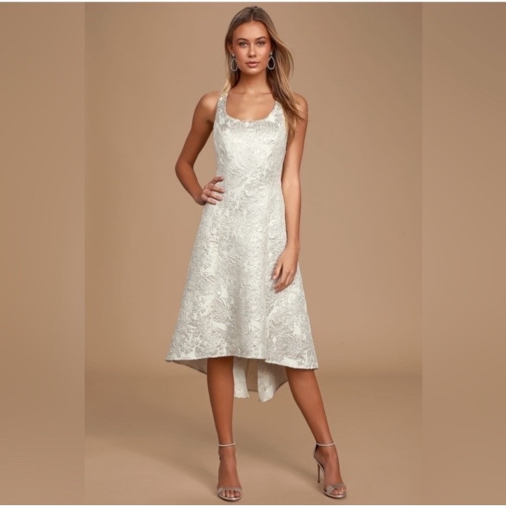 Lulus White Jacquard Floral Print High-Low Midi Dress